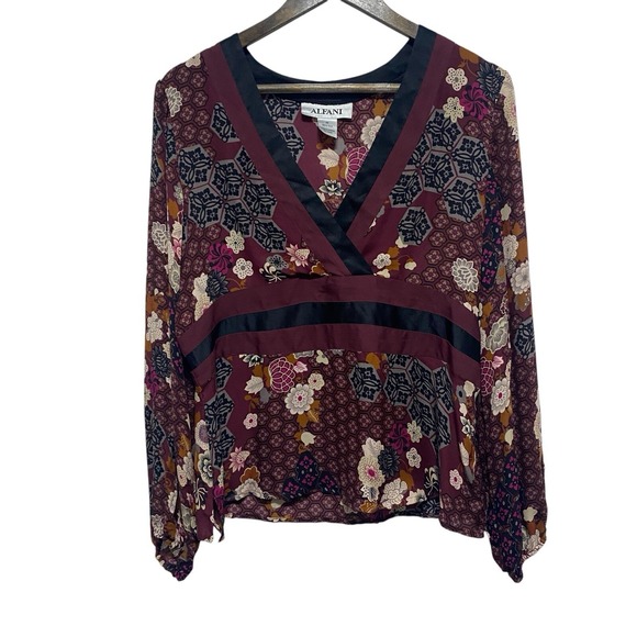 Alfani Tops - Alfani Blouse Womens 12 Purple Floral Retro Silk V Neck Long Sleeve Career Top